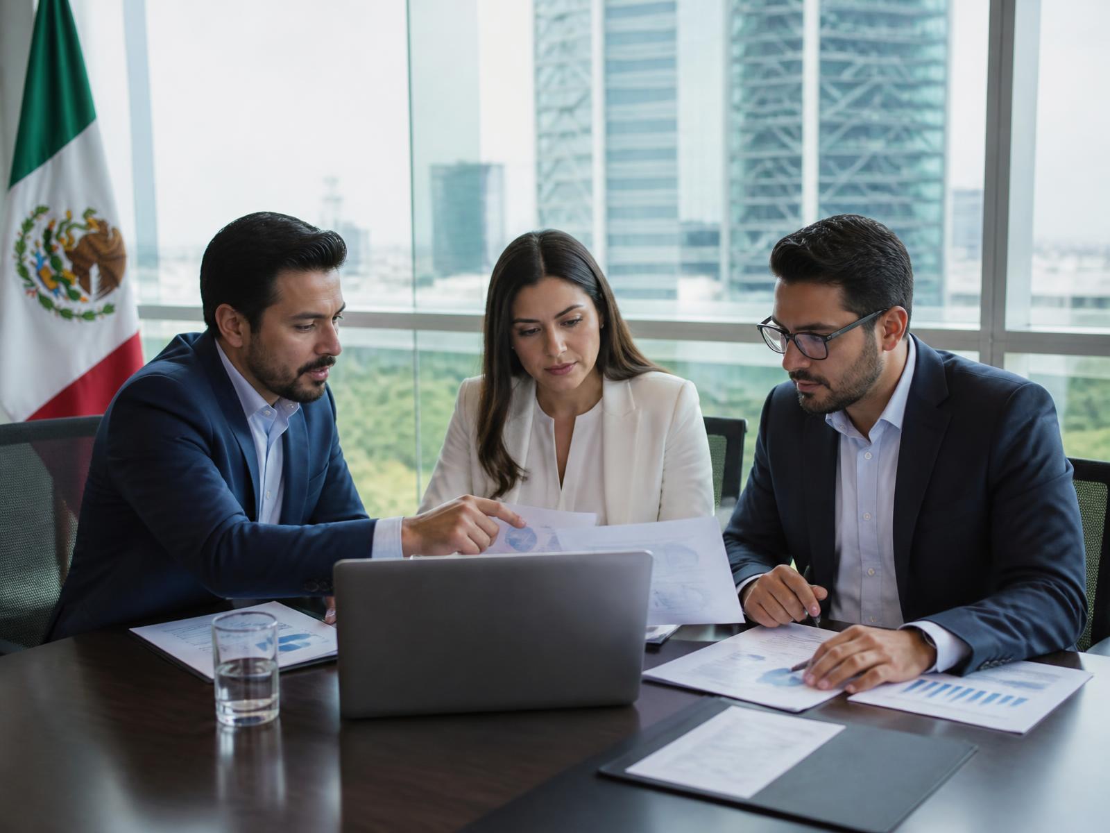 Equipo de asesores financieros analizando estados financieros en una oficina corporativa en Ciudad de México