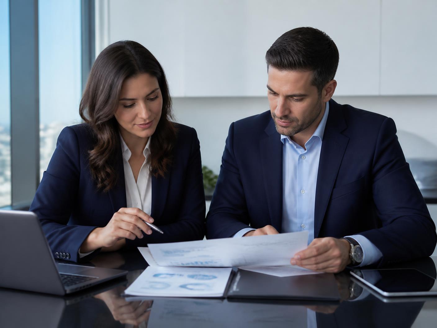 Dos contadores profesionales revisando información financiera de una empresa